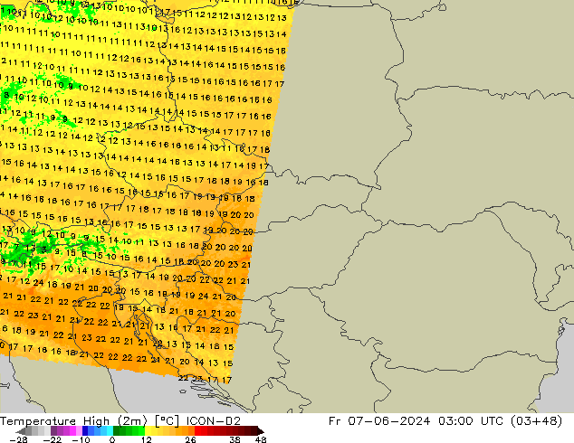 Temperature High (2m) ICON-D2 Fr 07.06.2024 03 UTC