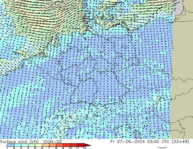 Surface wind (bft) ICON-D2 Fr 07.06.2024 03 UTC