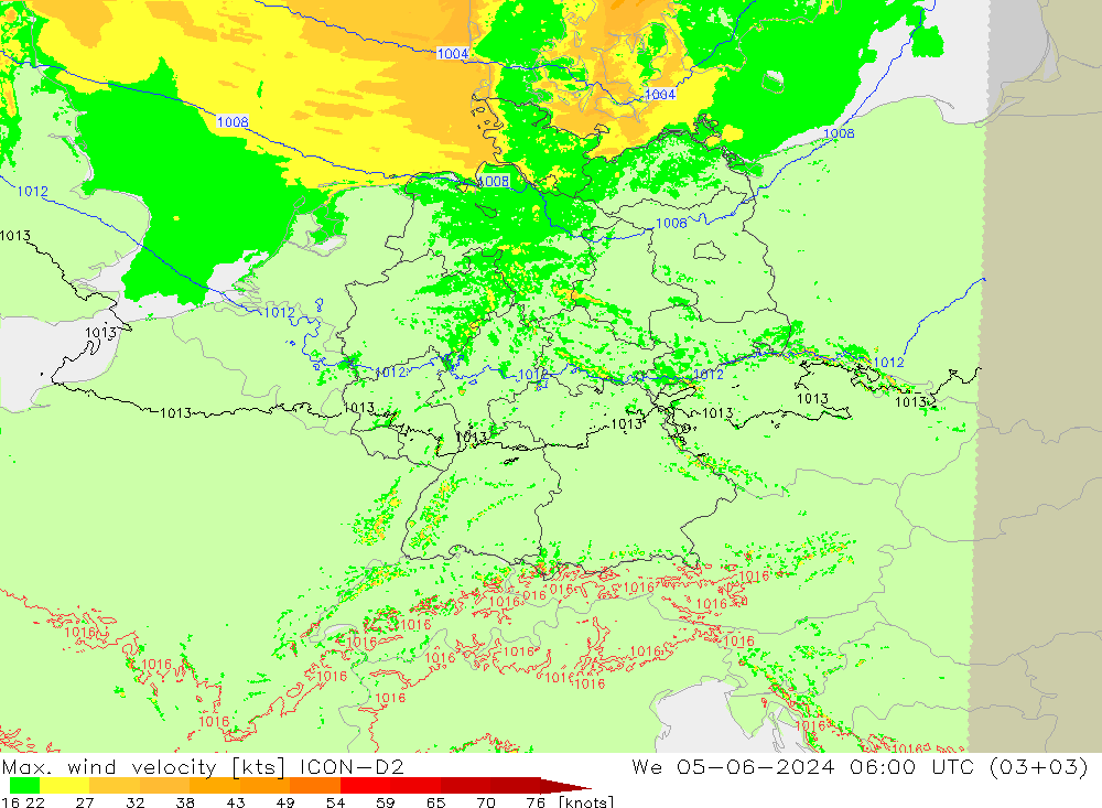 Max. wind velocity ICON-D2 We 05.06.2024 06 UTC