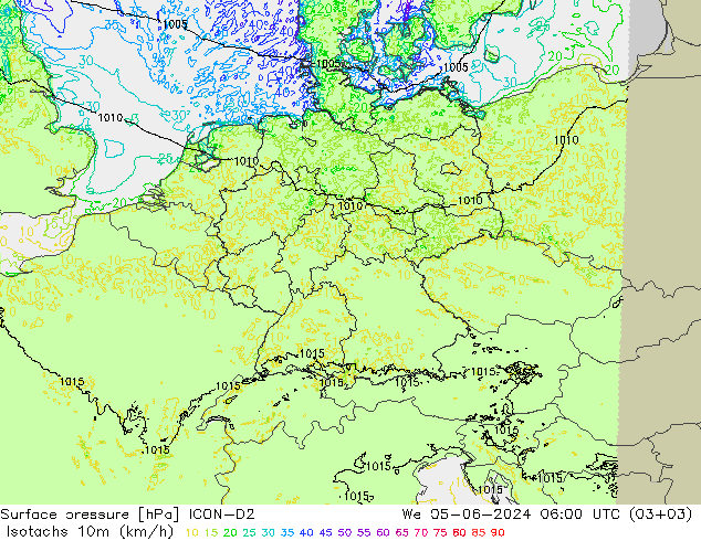 Isotachs (kph) ICON-D2 ср 05.06.2024 06 UTC