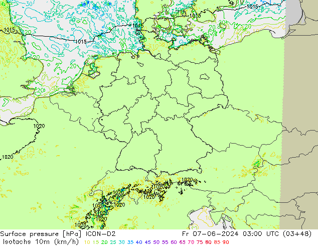 Isotachen (km/h) ICON-D2 vr 07.06.2024 03 UTC