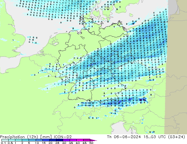 Precipitazione (12h) ICON-D2 gio 06.06.2024 03 UTC