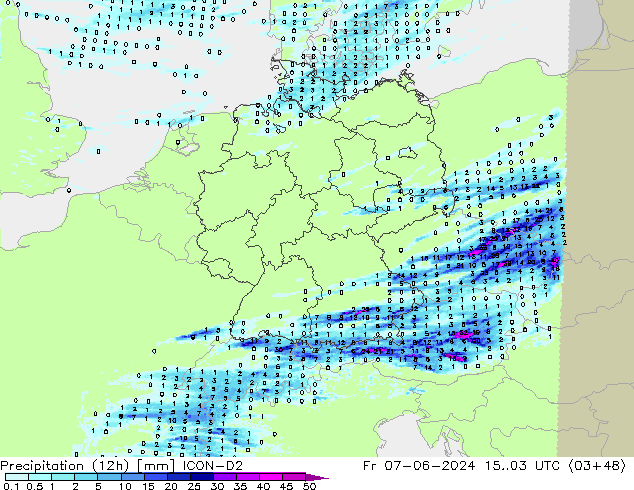 Precipitation (12h) ICON-D2 Pá 07.06.2024 03 UTC