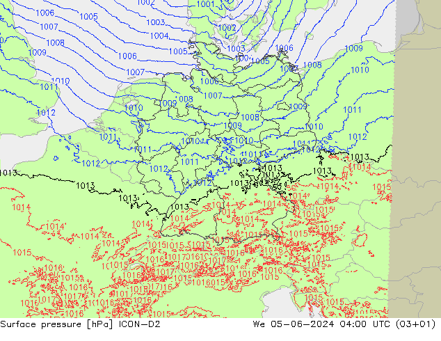 Surface pressure ICON-D2 We 05.06.2024 04 UTC