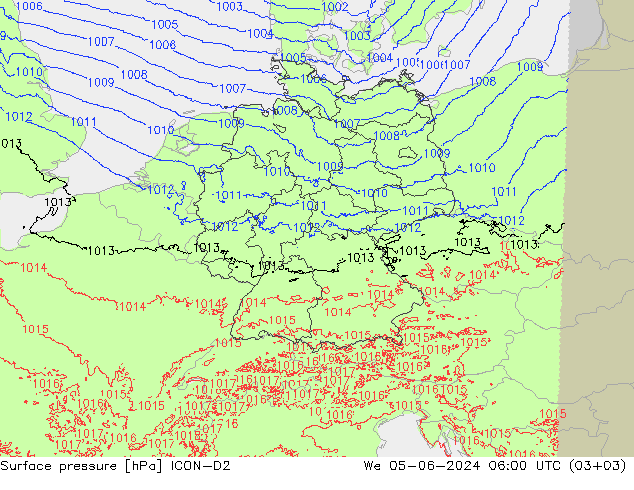 Atmosférický tlak ICON-D2 St 05.06.2024 06 UTC