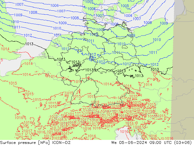 Surface pressure ICON-D2 We 05.06.2024 09 UTC