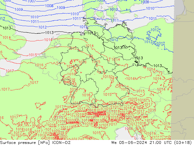 Surface pressure ICON-D2 We 05.06.2024 21 UTC