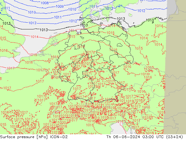 Surface pressure ICON-D2 Th 06.06.2024 03 UTC