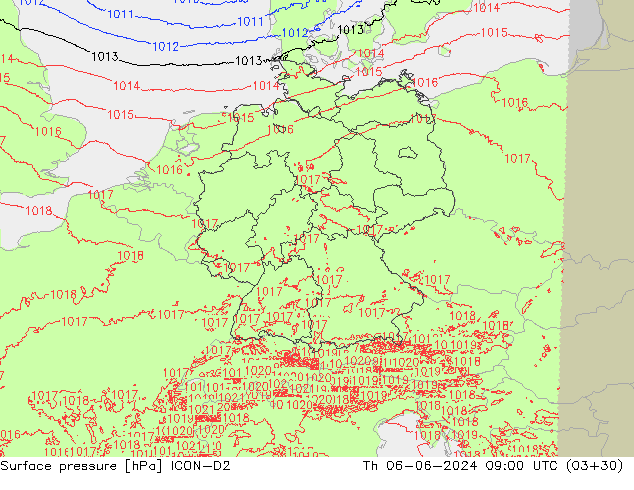 Atmosférický tlak ICON-D2 Čt 06.06.2024 09 UTC