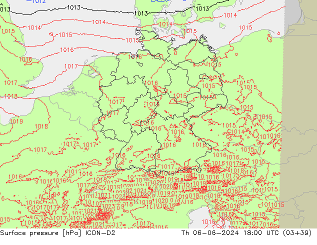 Presión superficial ICON-D2 jue 06.06.2024 18 UTC