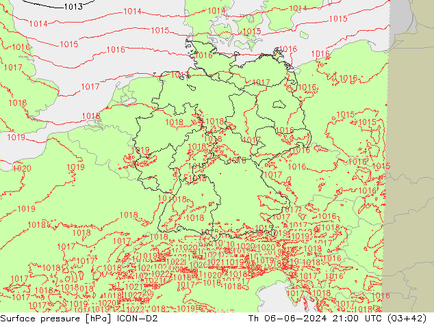 Pressione al suolo ICON-D2 gio 06.06.2024 21 UTC
