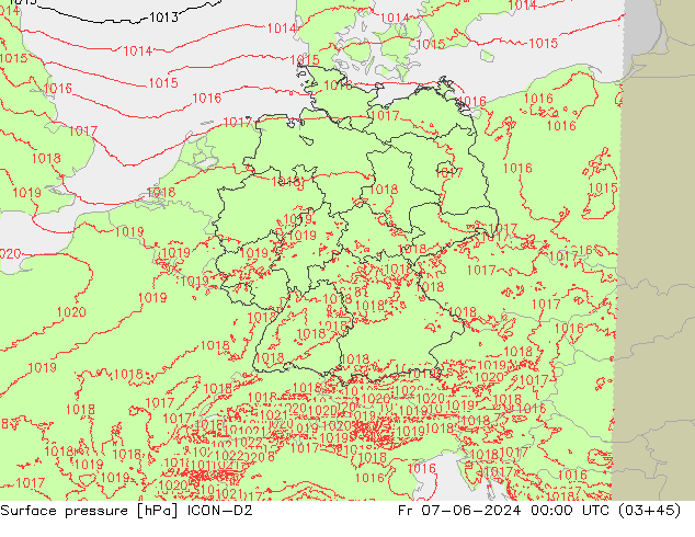 Pressione al suolo ICON-D2 ven 07.06.2024 00 UTC