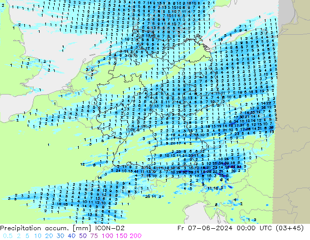 Precipitation accum. ICON-D2 пт 07.06.2024 00 UTC