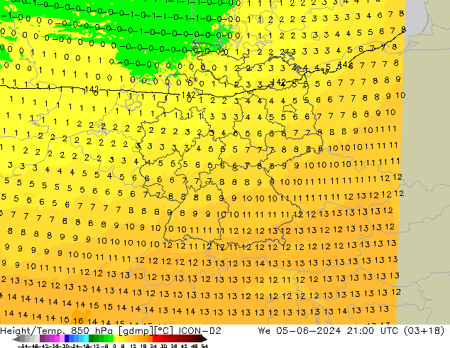 Height/Temp. 850 hPa ICON-D2 mer 05.06.2024 21 UTC