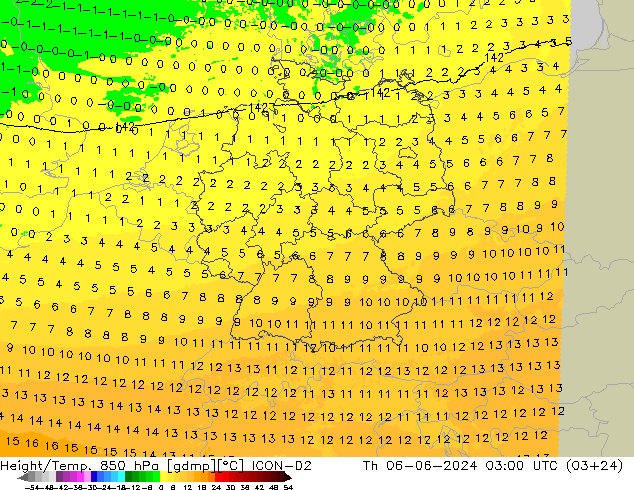 Height/Temp. 850 hPa ICON-D2 Čt 06.06.2024 03 UTC