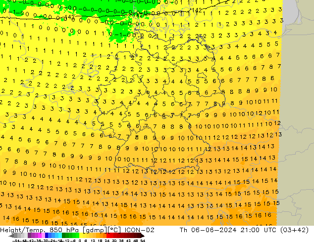 Height/Temp. 850 hPa ICON-D2 Th 06.06.2024 21 UTC