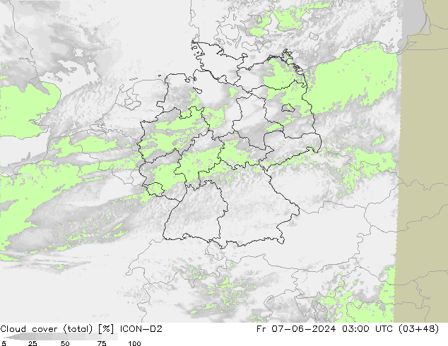 Cloud cover (total) ICON-D2 Fr 07.06.2024 03 UTC