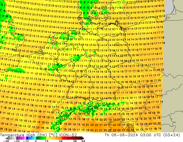 Höchstwerte (2m) ICON-D2 Do 06.06.2024 03 UTC