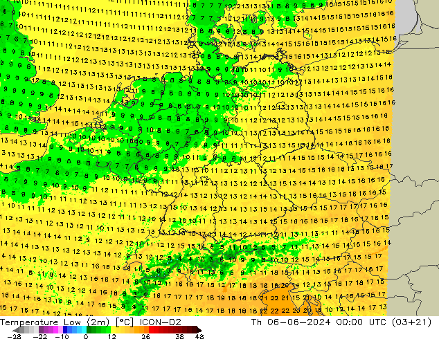 Min. Temperatura (2m) ICON-D2 czw. 06.06.2024 00 UTC