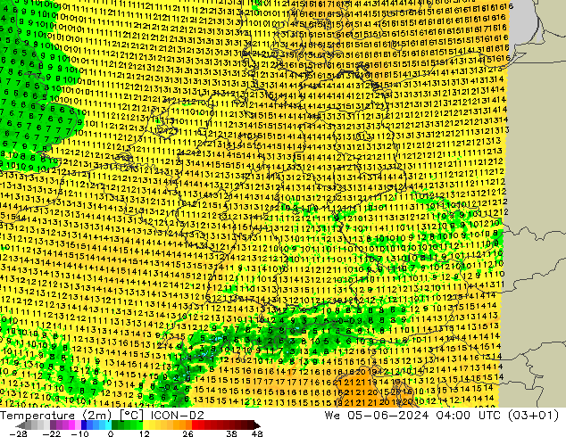 mapa temperatury (2m) ICON-D2 śro. 05.06.2024 04 UTC