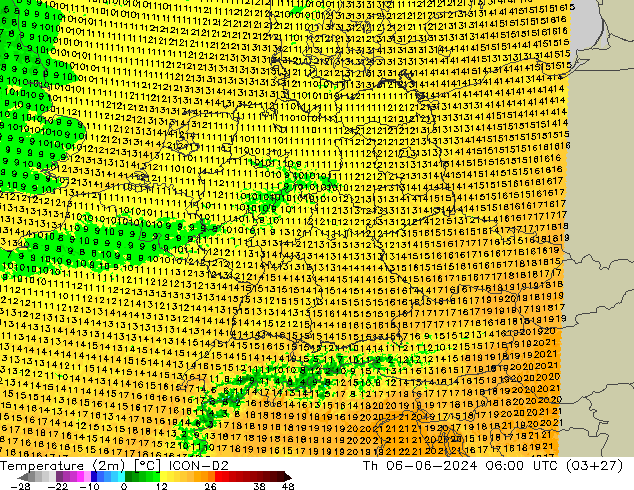 Temperature (2m) ICON-D2 Th 06.06.2024 06 UTC