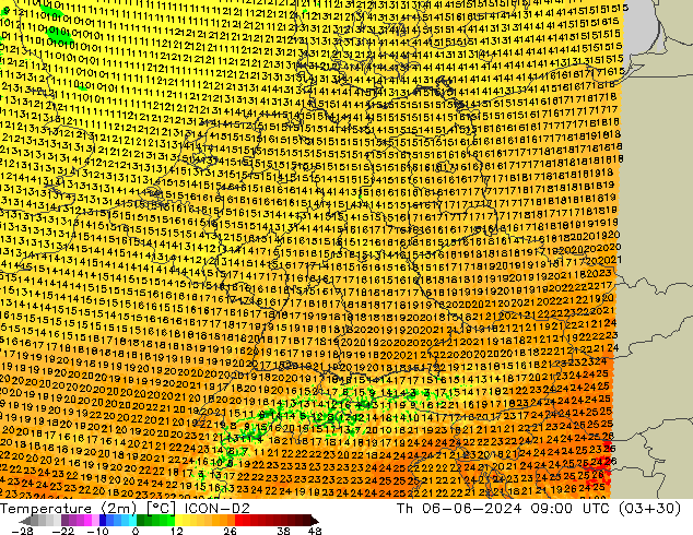 Temperatura (2m) ICON-D2 Qui 06.06.2024 09 UTC