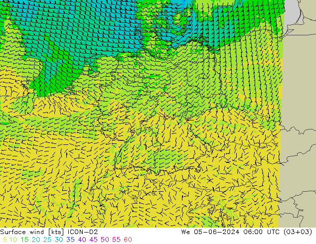 Surface wind ICON-D2 We 05.06.2024 06 UTC