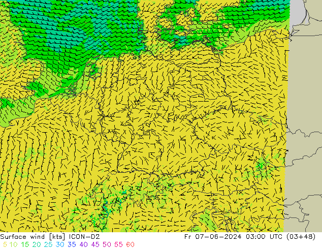 Surface wind ICON-D2 Pá 07.06.2024 03 UTC