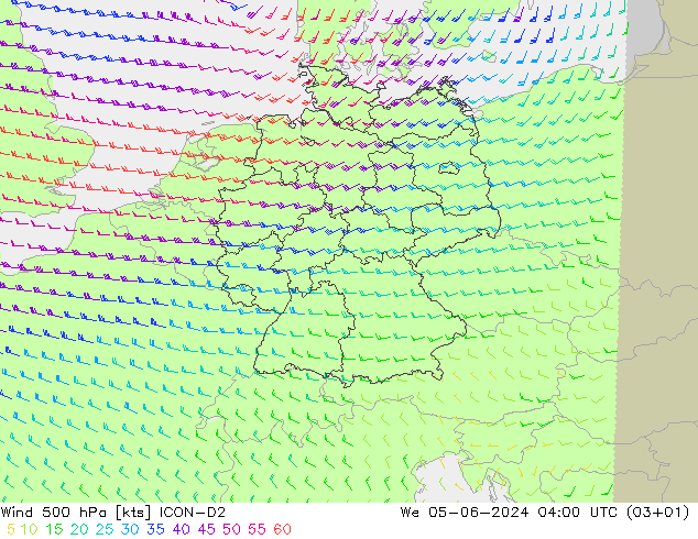 Viento 500 hPa ICON-D2 mié 05.06.2024 04 UTC