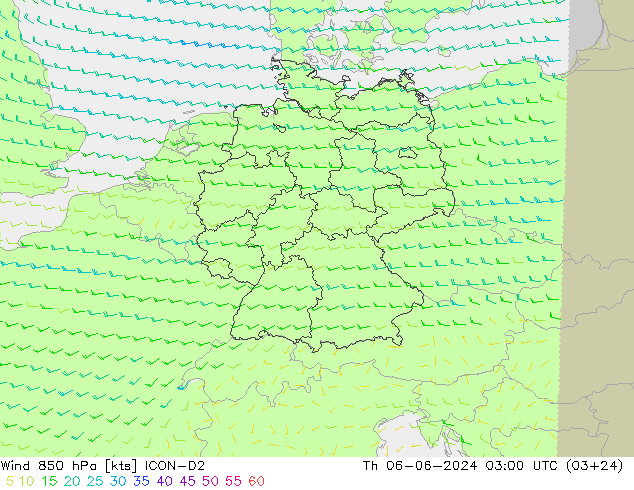 Wind 850 hPa ICON-D2 Do 06.06.2024 03 UTC