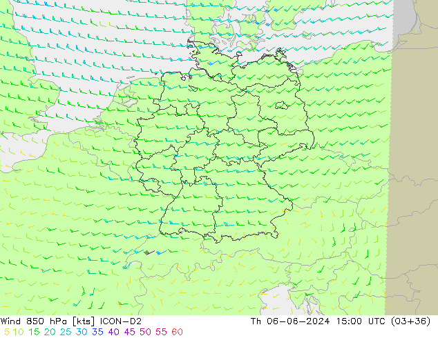 Viento 850 hPa ICON-D2 jue 06.06.2024 15 UTC