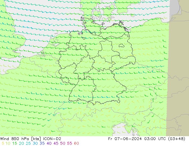 Rüzgar 850 hPa ICON-D2 Cu 07.06.2024 03 UTC