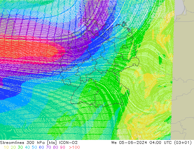 Línea de corriente 300 hPa ICON-D2 mié 05.06.2024 04 UTC