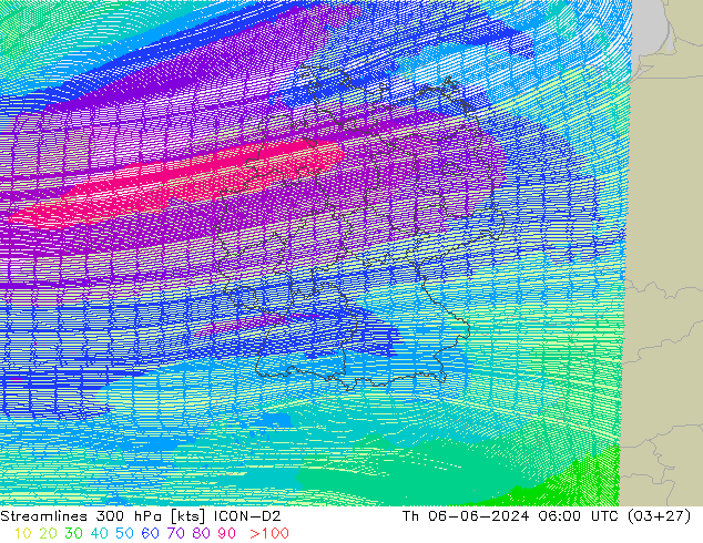 Streamlines 300 hPa ICON-D2 Th 06.06.2024 06 UTC