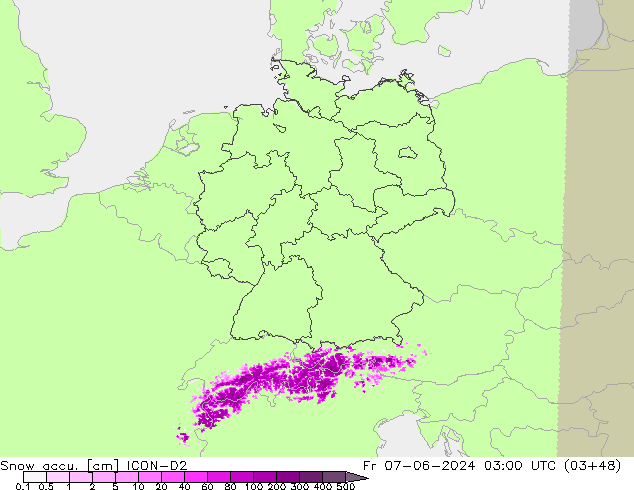 Snow accu. ICON-D2 Pá 07.06.2024 03 UTC