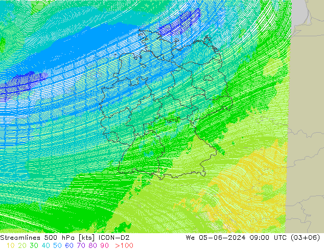 Stroomlijn 500 hPa ICON-D2 wo 05.06.2024 09 UTC