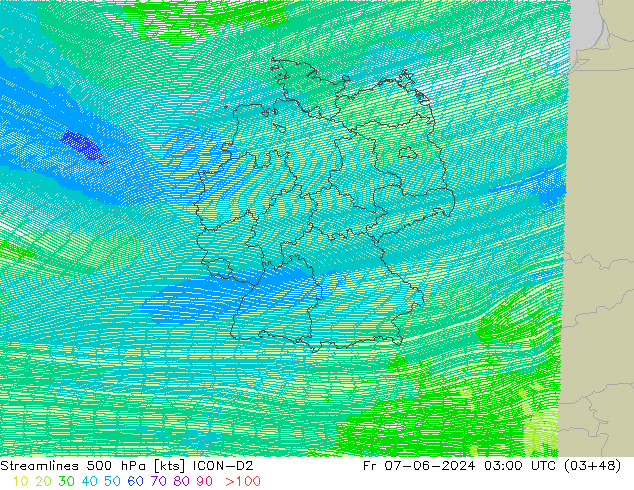 Stroomlijn 500 hPa ICON-D2 vr 07.06.2024 03 UTC