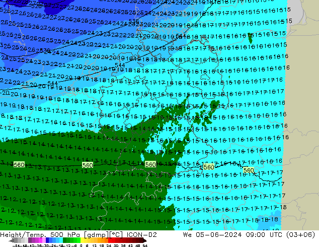 Geop./Temp. 500 hPa ICON-D2 mié 05.06.2024 09 UTC