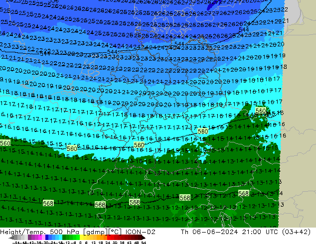 Height/Temp. 500 hPa ICON-D2 Th 06.06.2024 21 UTC