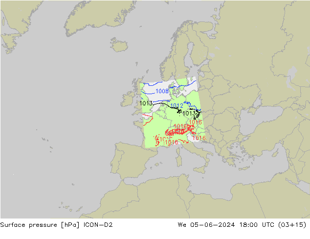 Surface pressure ICON-D2 We 05.06.2024 18 UTC