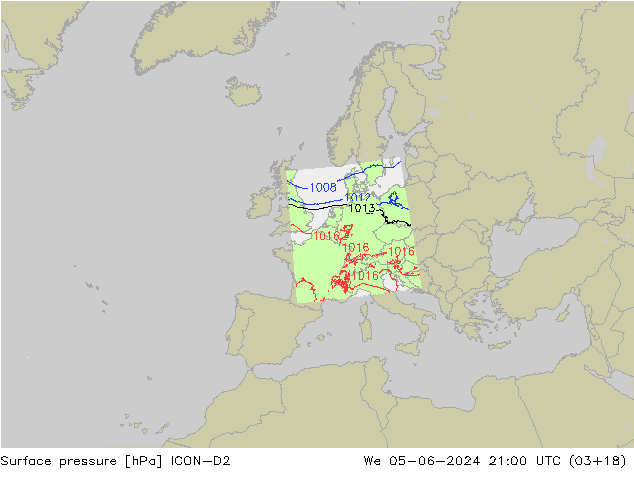 Surface pressure ICON-D2 We 05.06.2024 21 UTC