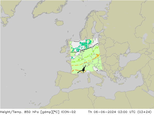 Yükseklik/Sıc. 850 hPa ICON-D2 Per 06.06.2024 03 UTC