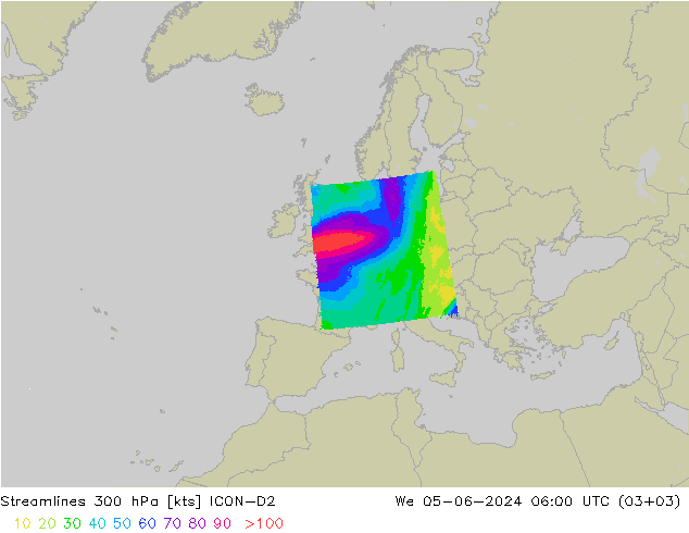 Ligne de courant 300 hPa ICON-D2 mer 05.06.2024 06 UTC