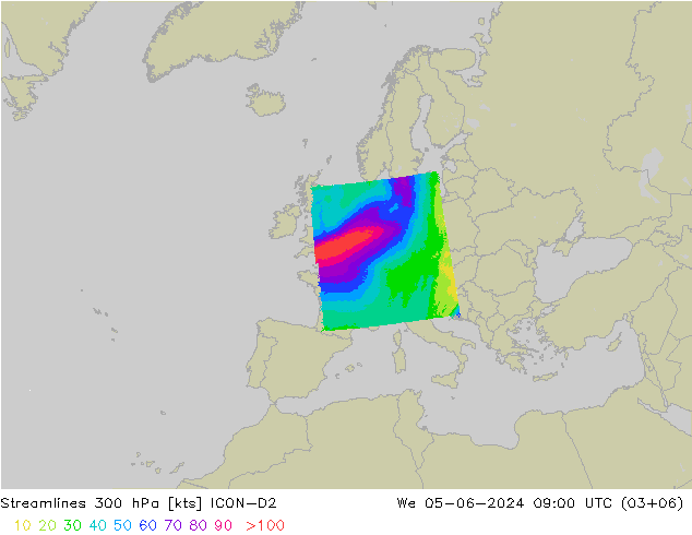 Linia prądu 300 hPa ICON-D2 śro. 05.06.2024 09 UTC