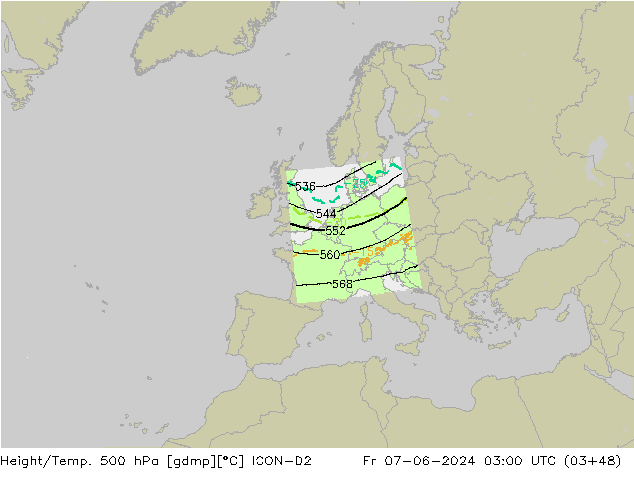 Height/Temp. 500 hPa ICON-D2 星期五 07.06.2024 03 UTC