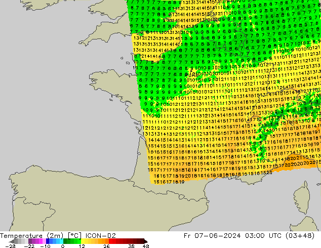 Temperaturkarte (2m) ICON-D2 Fr 07.06.2024 03 UTC