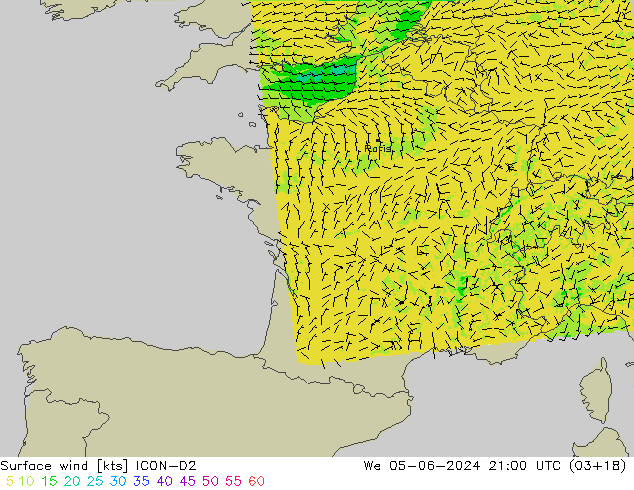 Vent 10 m ICON-D2 mer 05.06.2024 21 UTC