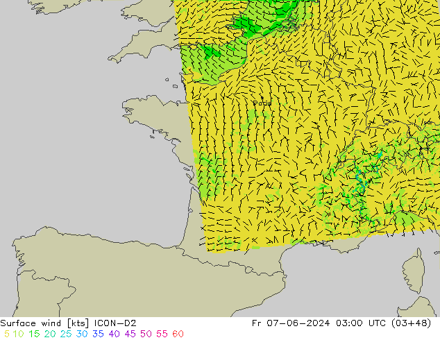 Surface wind ICON-D2 Fr 07.06.2024 03 UTC