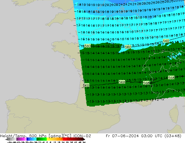 Geop./Temp. 500 hPa ICON-D2 vie 07.06.2024 03 UTC