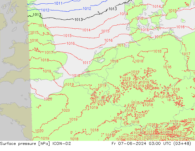 Pressione al suolo ICON-D2 ven 07.06.2024 03 UTC